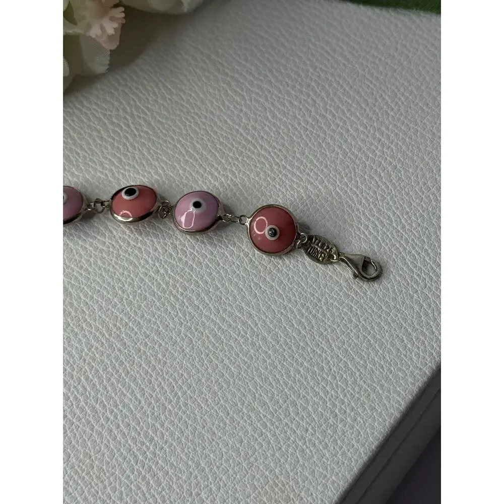 Ati 925 Sterling Silver Pink Evil Eye Bracelet Length 7 Inch